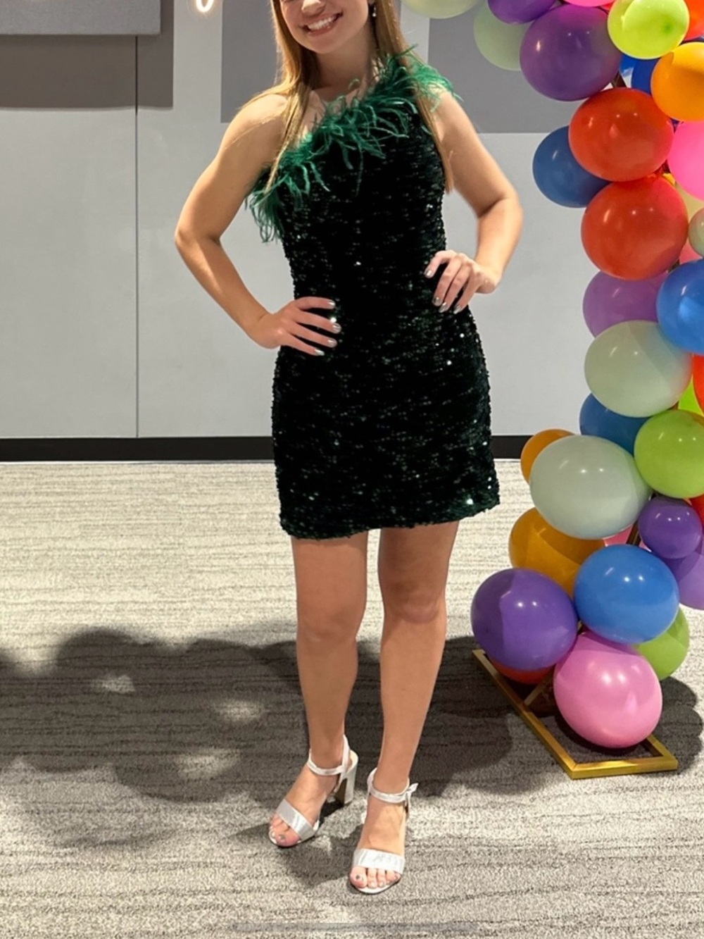 Emerald One-Shoulder Sequin Mini Dress with Feather Trim